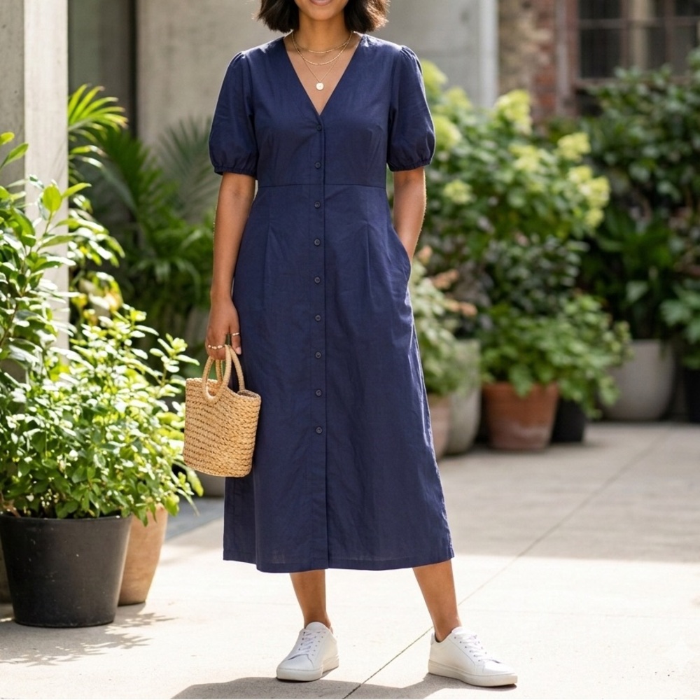 NWT Frank & Oak Puff Sleeve Navy Button-Front Midi Dress